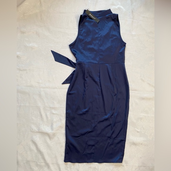 Allegra K Women Sleeveless Satin Dress Stand Collar Tie Ruched Waist Dress - Picture 12 of 13